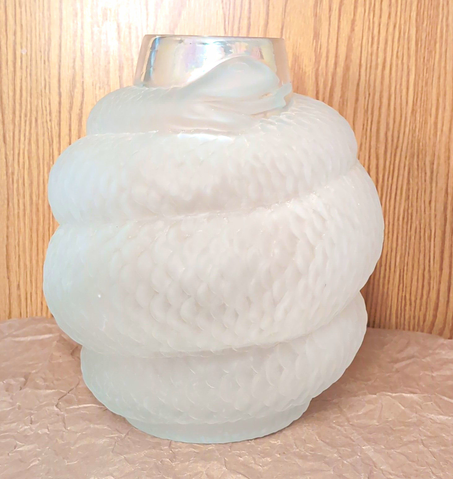 Vintage Lalique Style Vase Textured Serpent Iridescent Rim Heavy 12\ Vintage Lalique Style Vase Textured Serpent Iridescent Rim Heavy 12\