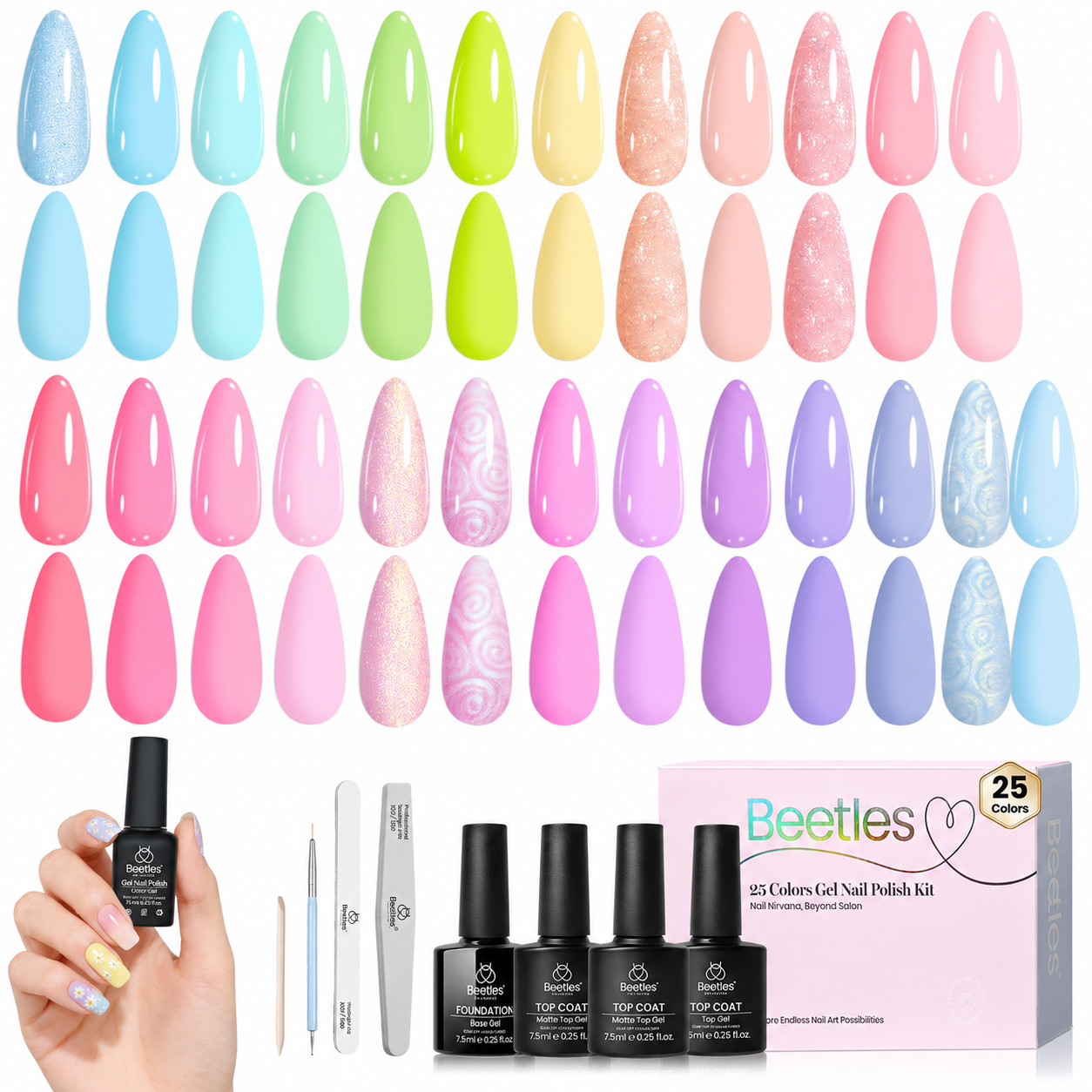 Beetles Pastel Gel Polish Set 25 Colors Rainbow Spring Kit Base Top Coat UV LED Beetles Pastel Gel Polish Set 25 Colors Rainbow Spring Kit Base Top Coat UV LED