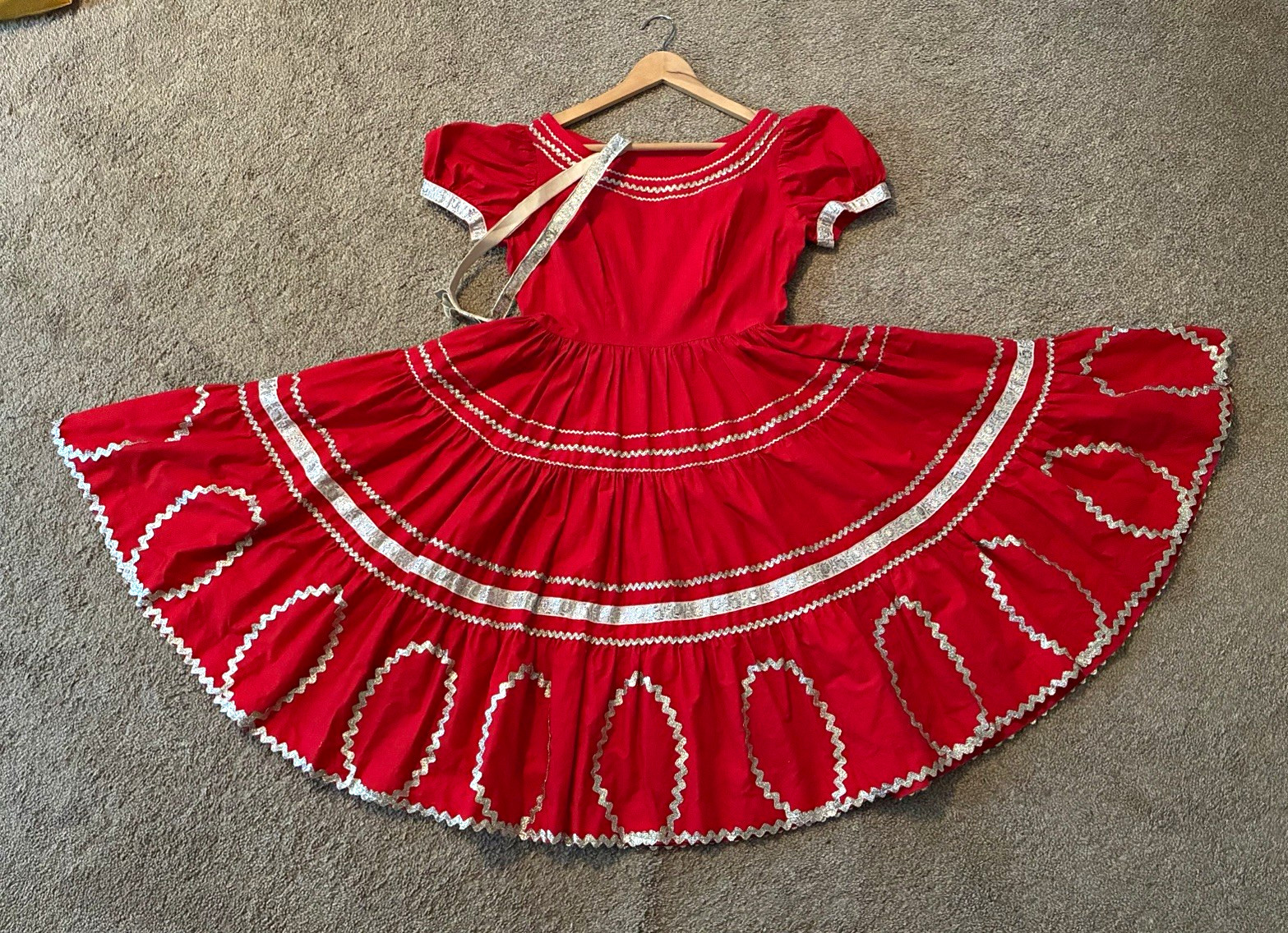 Vintage 1950s Handmade Red Silver Western Patio Square Dance Dress Rockabilly XS