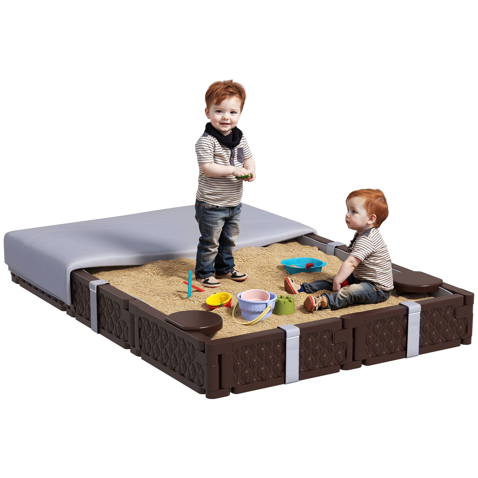 Rectangular Kids Sandbox with Cover, 4 Seats, Bottom Liner, Brown Rectangular Kids Sandbox with Cover, 4 Seats, Bottom Liner, Brown