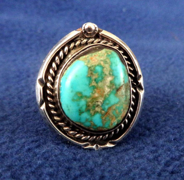 VINTAGE--NATIVE AMERICAN-STERLING SILVER-ROYSTON TURQUOISE-RING SZ. 5-. #1179.