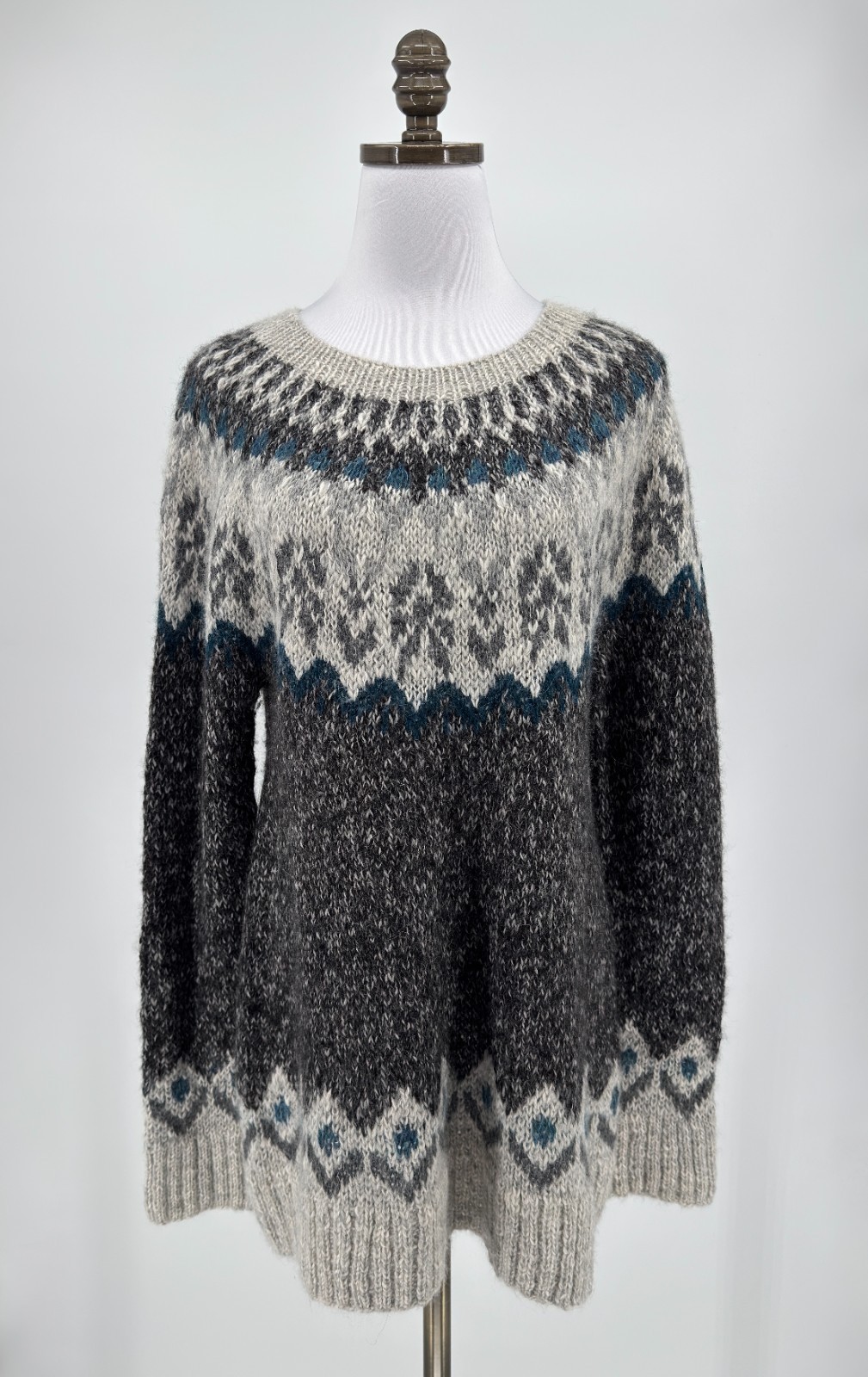 Peruvian Connection Womens Gray Blue Fair Isle Alpaca Knit Pullover Sweater Sz L