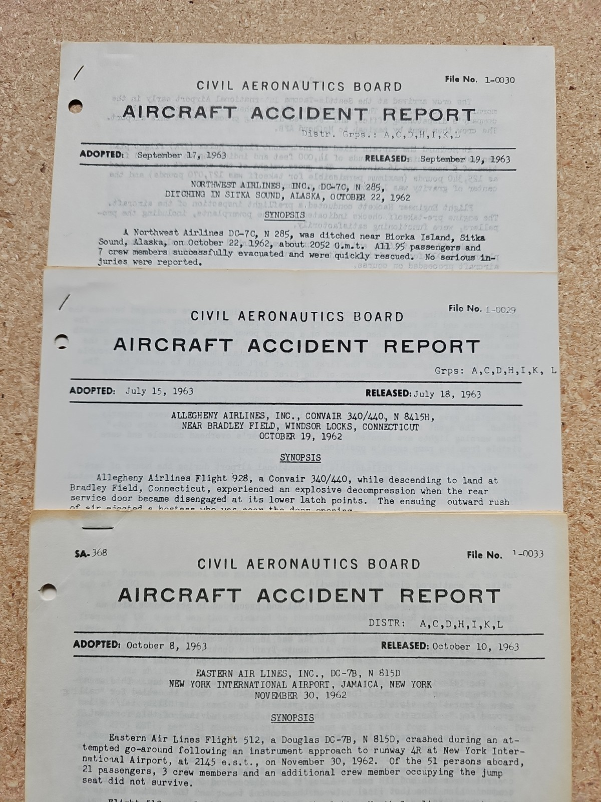 Lot of 3, 1963 - Civil Aeronautics Board Aircraft Accident Reports DC-7B 340/440