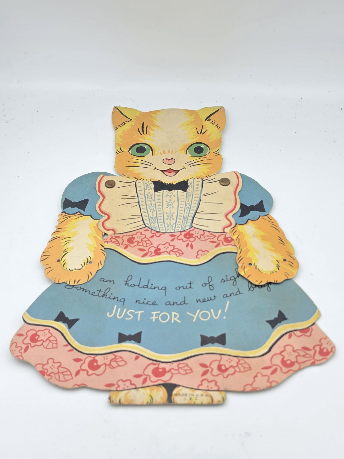 Vintage 1940s 50s Mechanical Cat Greeting Card Large Die Cut Stand Up JSC