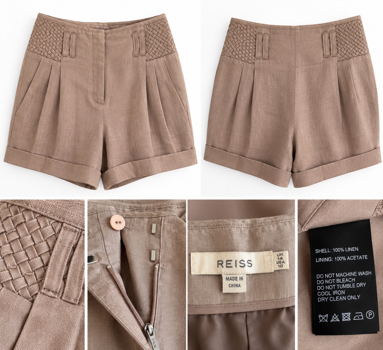 REISS Womens US 10 Taupe 100% Linen Shorts Pleated Woven High Waist Tailored REISS Womens US 10 Taupe 100% Linen Shorts Pleated Woven High Waist Tailored