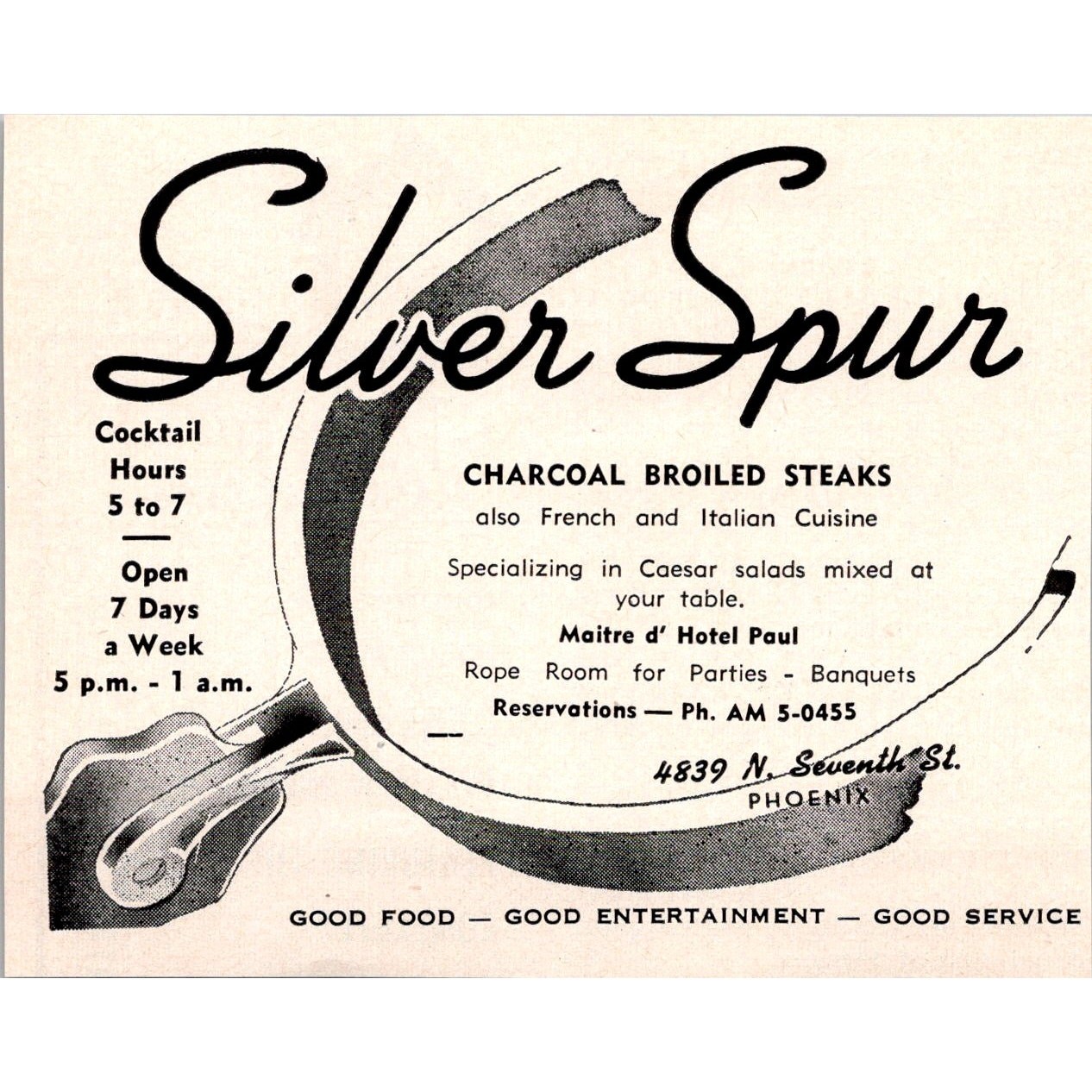 Silver Spur Charcoal Broiled Steaks Maire D\' Hotel Paul 1955 AZ Ad SAK1-M19 Silver Spur Charcoal Broiled Steaks Maire D\' Hotel Paul 1955 AZ Ad SAK1-M19