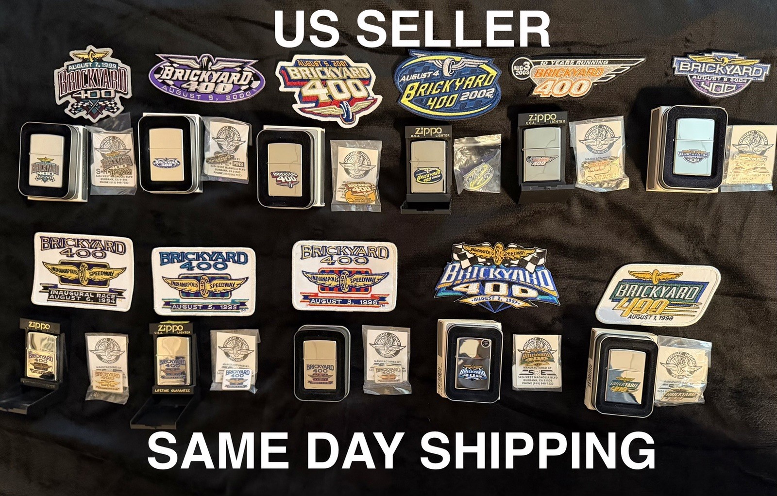 11 VINTAGE BRICKYARD 400 ZIPPO LIGHTERS W/MATCHING LAPEL PINS & PATCHES NEW