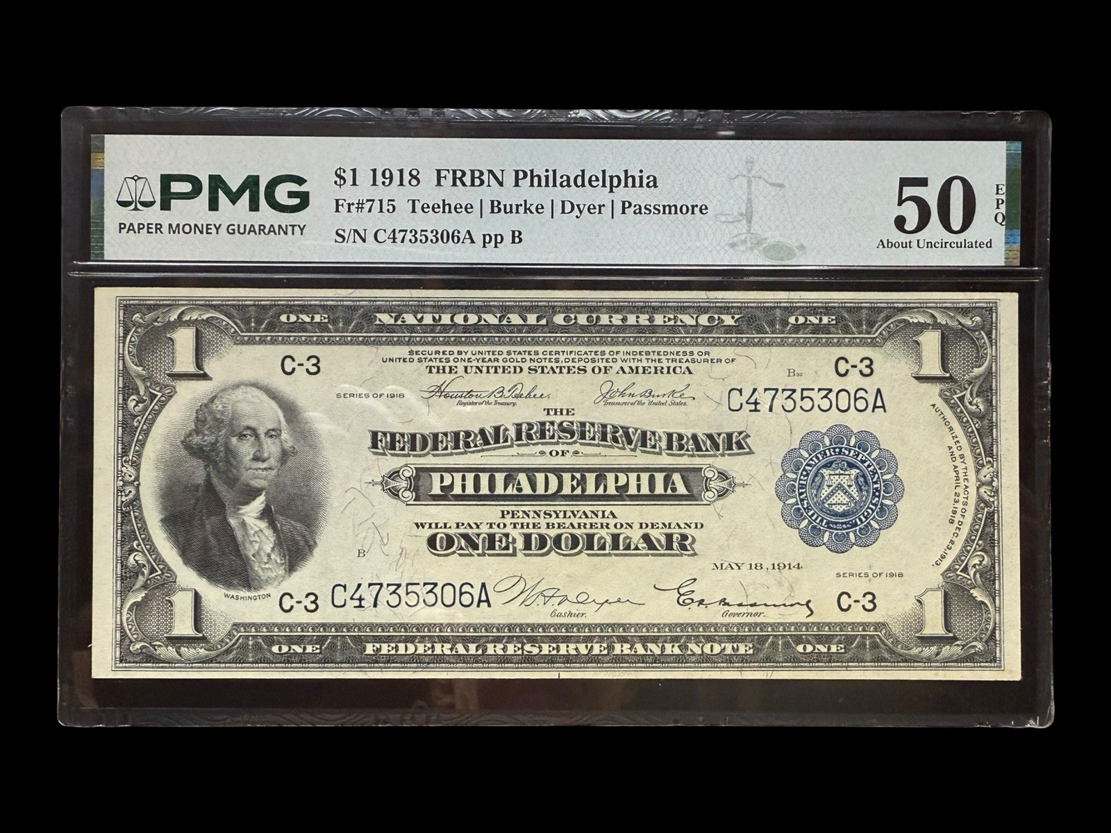 Stunning 1918 $1 Federal Bank Reserve Large Note | Philadelphia | PMG 50 AU EPQ