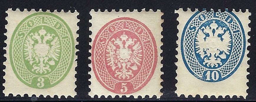 Austria, Lombardy Venetia 1864-65, Scott #21-23, Perf 9 1/2, Mint, O.G., N.H.