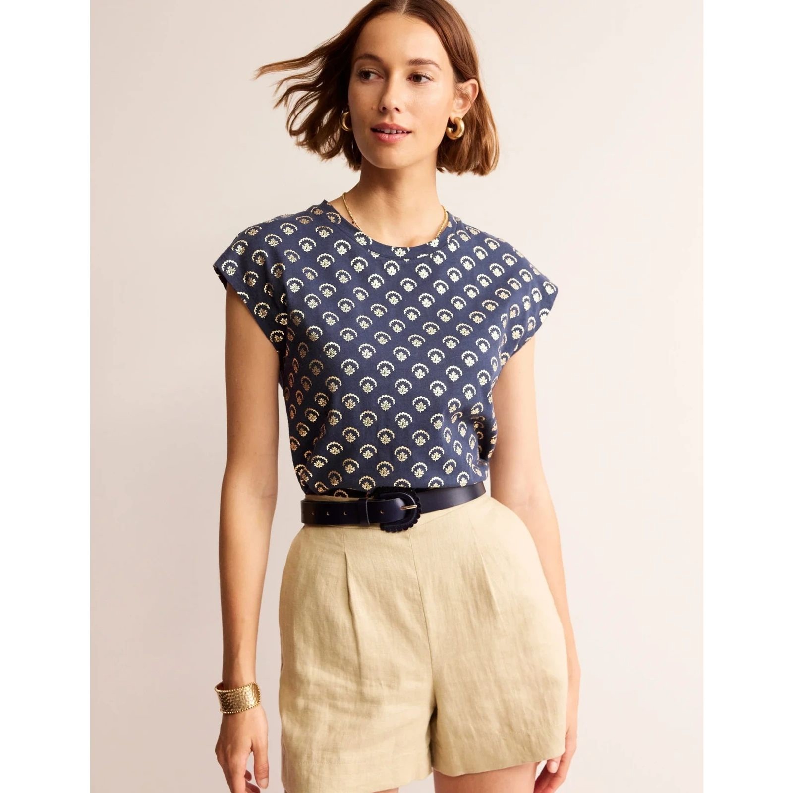 Boden Louisa Slub Tee Women\'s Size S Navy Gold Metallic Print Cap Sleeve NWOT