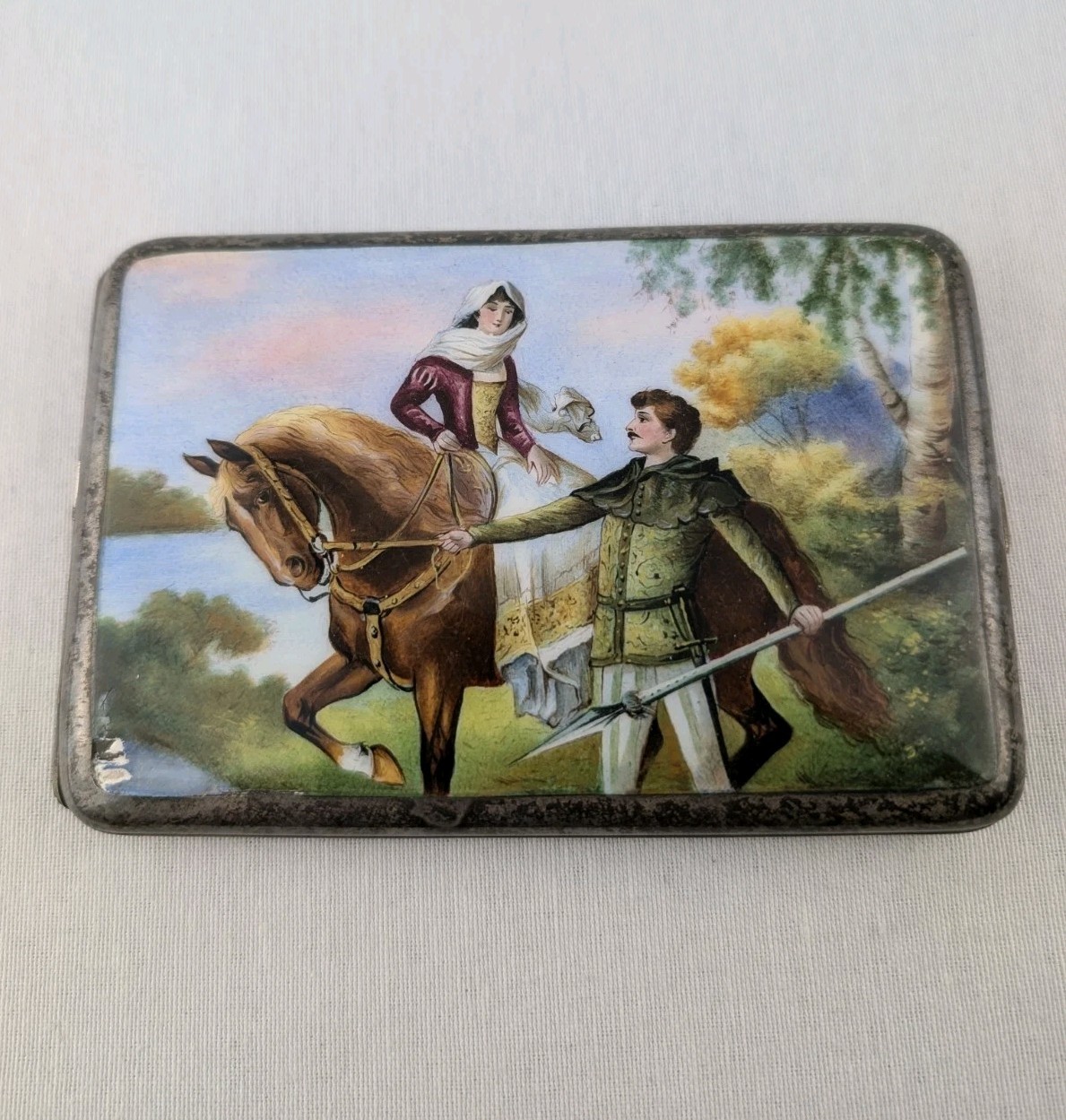 Antique Austrian 800 Silver Enamel Cigarette Case Diana Mark FL 212.5g