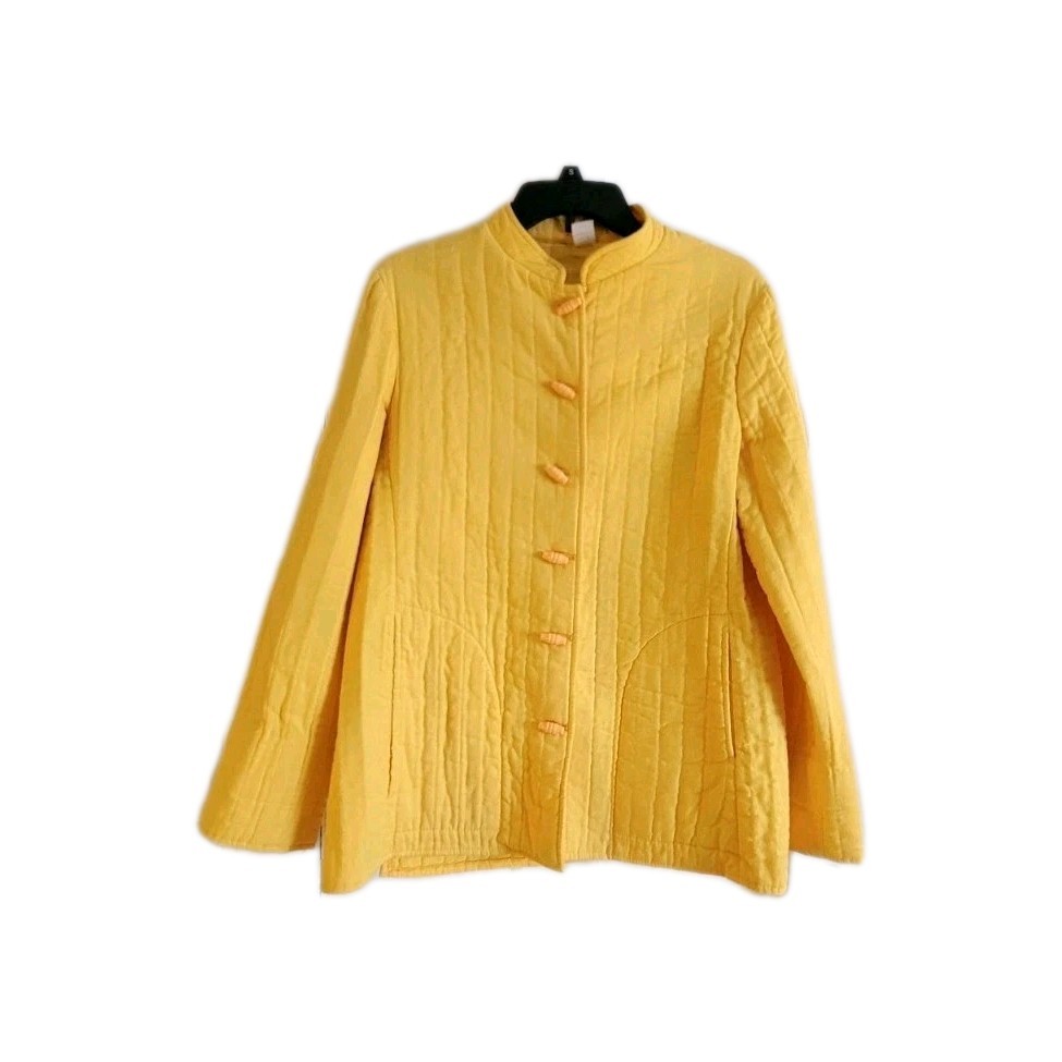 Vintage 60s 70s ILGWU Yellow Quilted Jacket Mandarin Collar Frog Toggle Closure