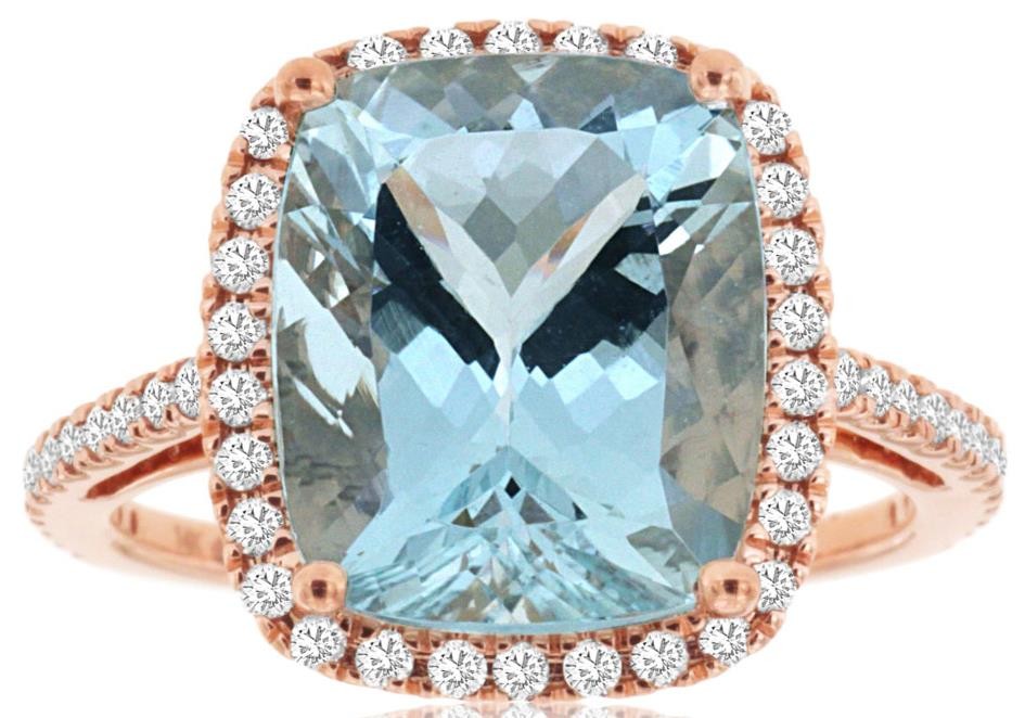 LARGE 5.68CT DIAMOND & AAA AQUAMARINE 14KT ROSE GOLD 3D CUSHION & ROUND FUN RING