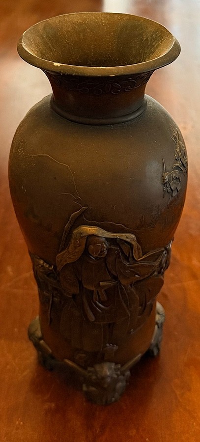 Antique Japanese Meiji Bronze Samurai Pagoda Vase Relief Mixed Metal Inlay As-Is