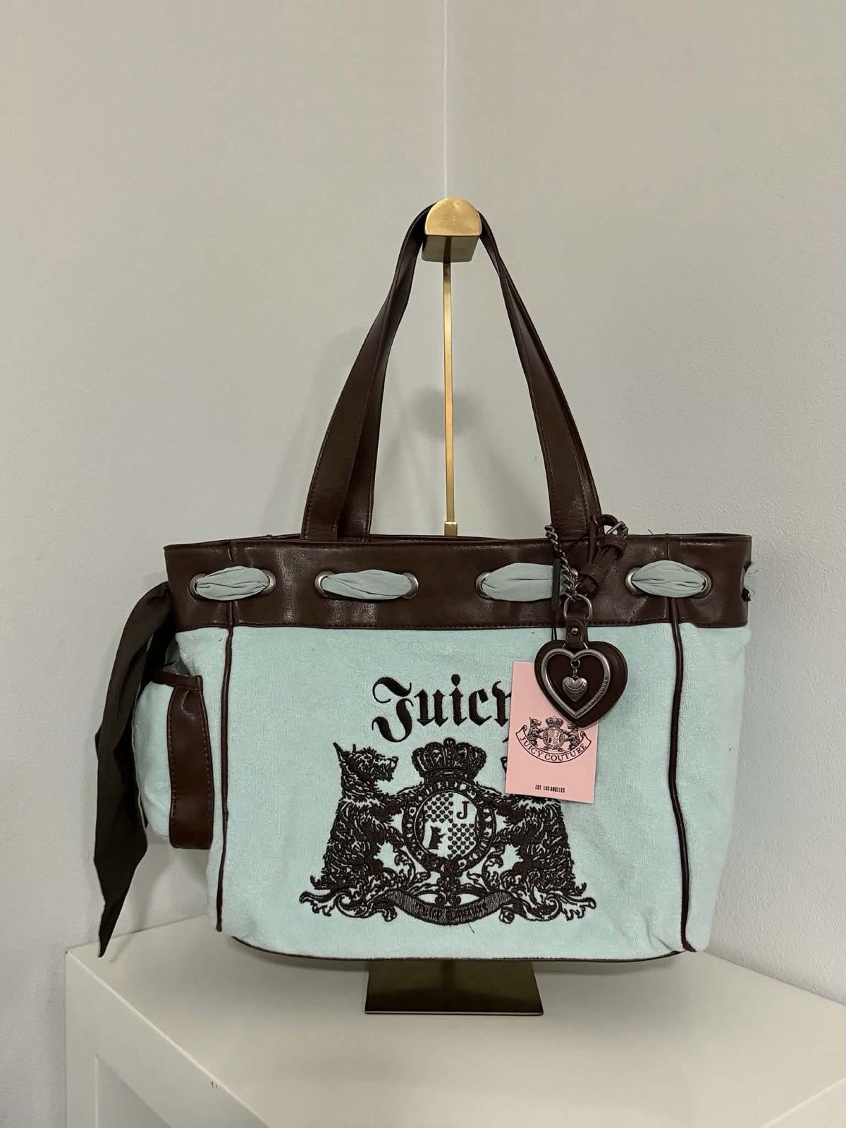Juicy Couture Towelling Daydreamer blue/brown velour logo tote heart charm 