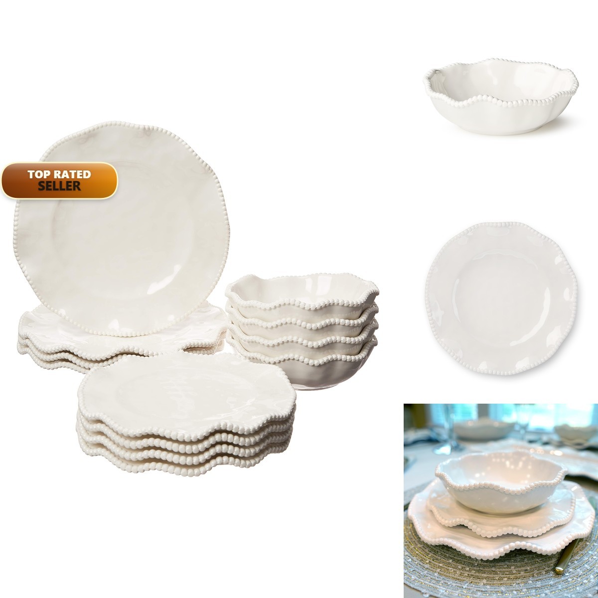 Certified International Perlette Off-White Beaded 12-Piece Dinnerware Set 4/4/4 Certified International Perlette Off-White Beaded 12-Piece Dinnerware Set 4/4/4