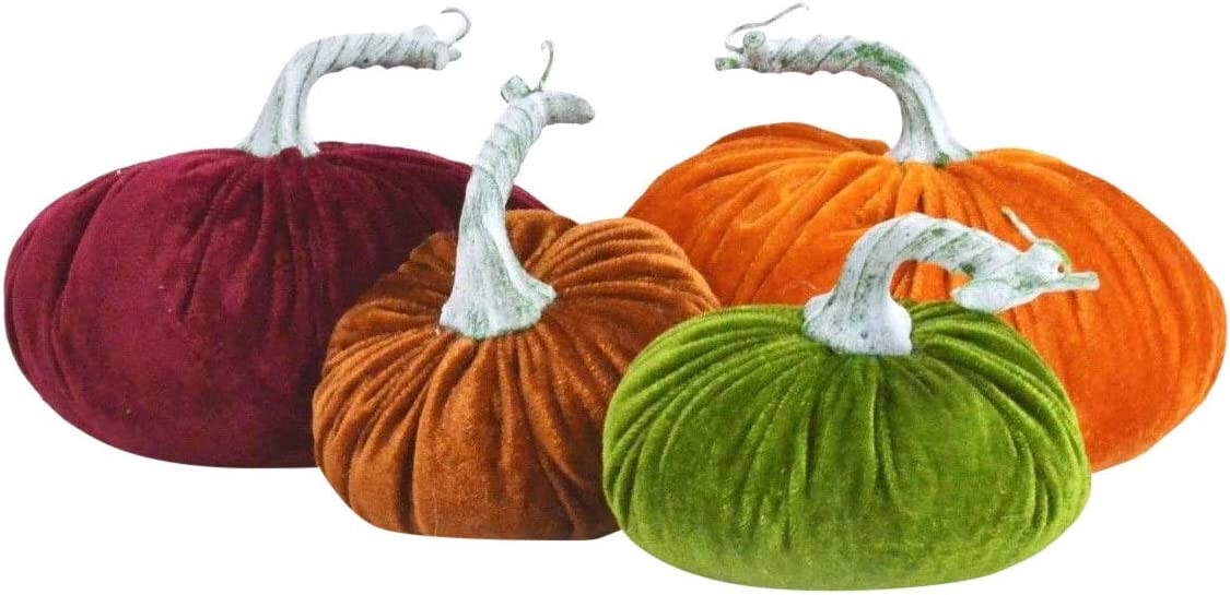 Fall Harvest Thanksgiving Decoratve Set Of Four(4)Velvet Plush Slouchy Pumpkins