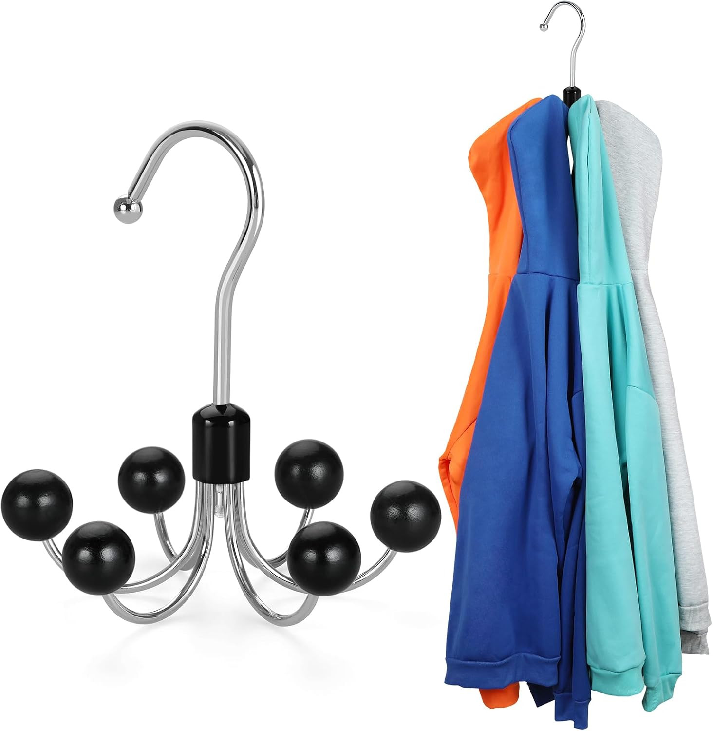 Hoodie Hangers 4-Pack with 6 Wood Balls, 360°Swivel Purse Hanger, Scarf Hanger, 