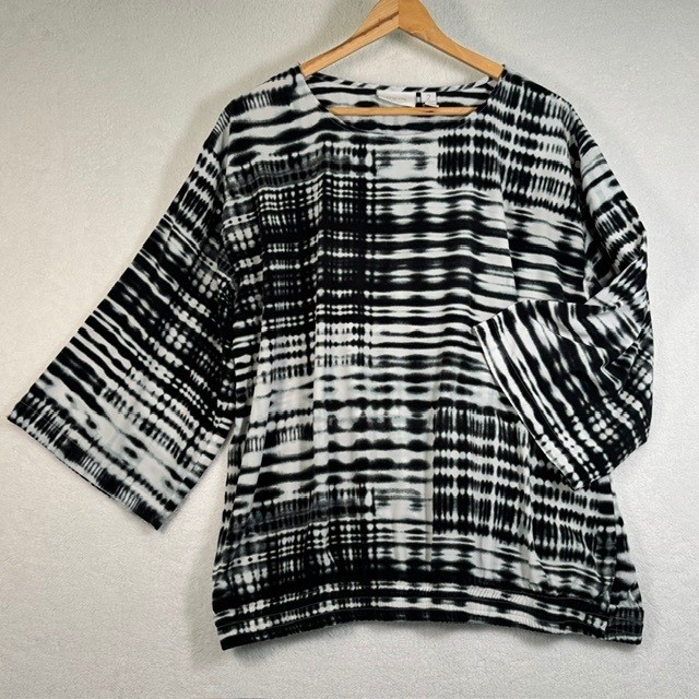 Chicos Black White Tie Dye Kimono Sleeve Bubble Hem Blouse Size 2 Large