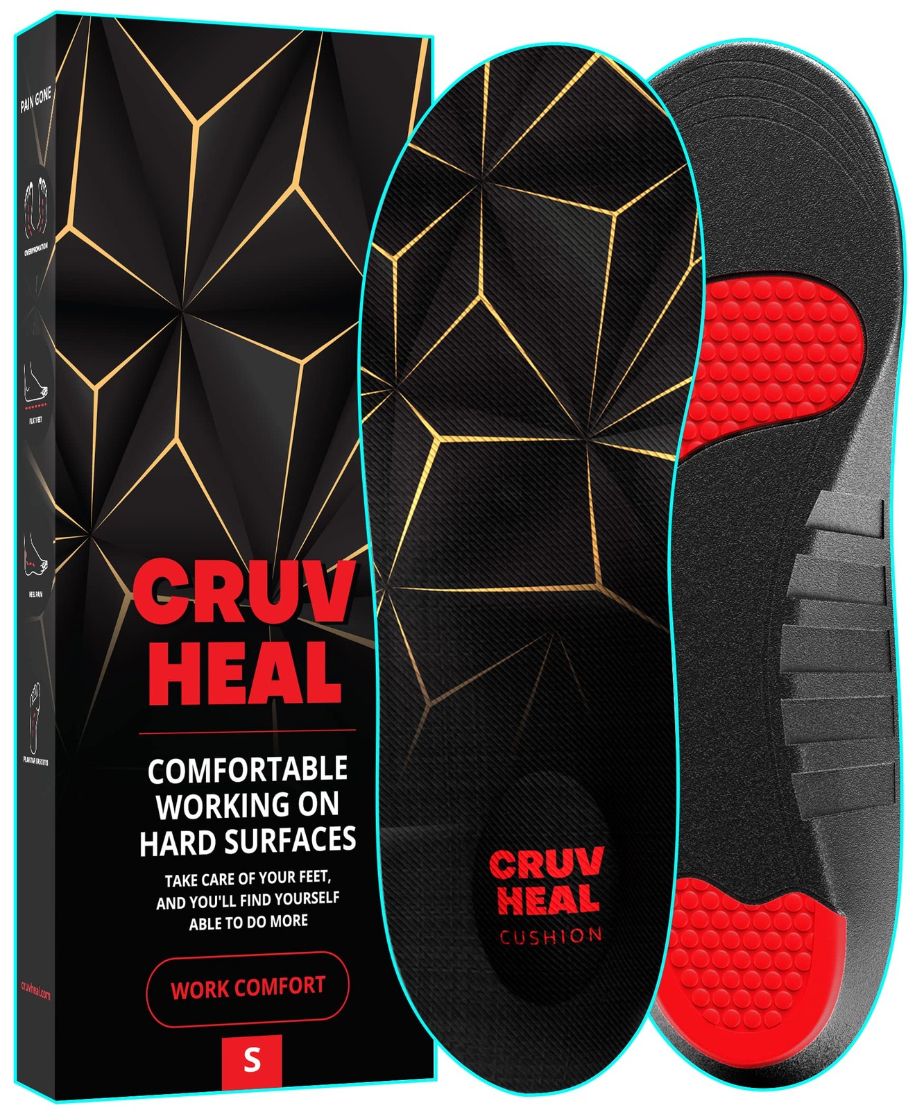 CRUVHEAL Work Pro Boot Insoles Men – Low Arch Shock Absorption (Black, S)