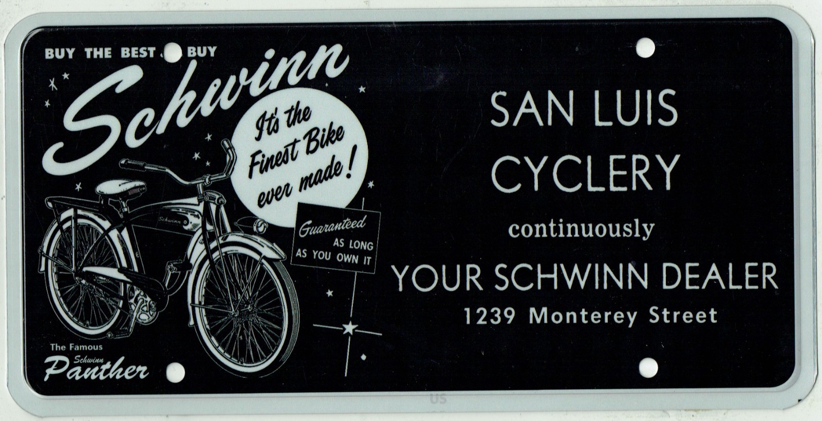 San Luis Obispo California San Luis Cyclery Vintage Schwinn Dealer License Plate