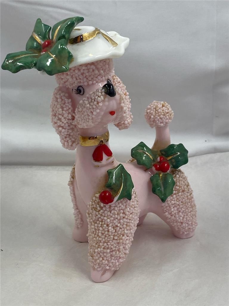 Vintage Kitsch Napco 4R-3887 Pink Poodle Spaghetti Trim Holly Berry Standing