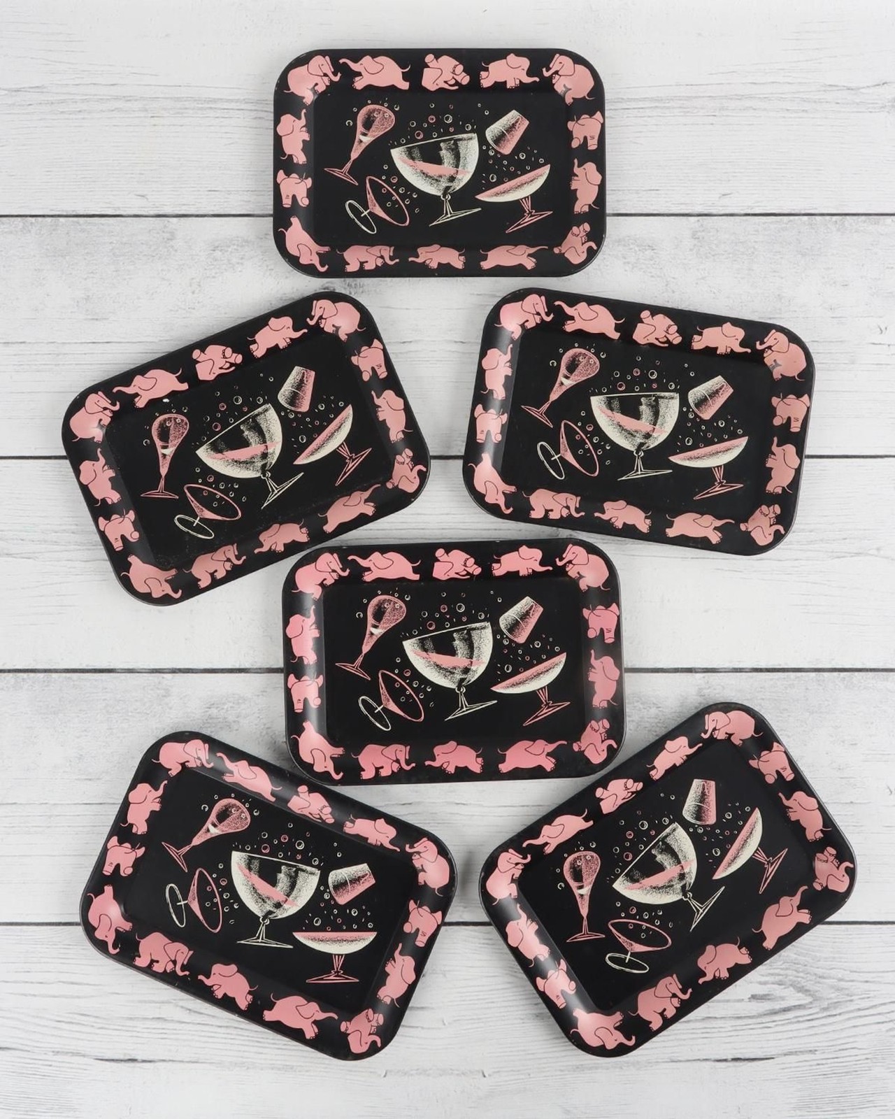 Vintage 1950s Pink Elephant Cocktail Trays Set of 6 MCM Retro Metal Snack Trays