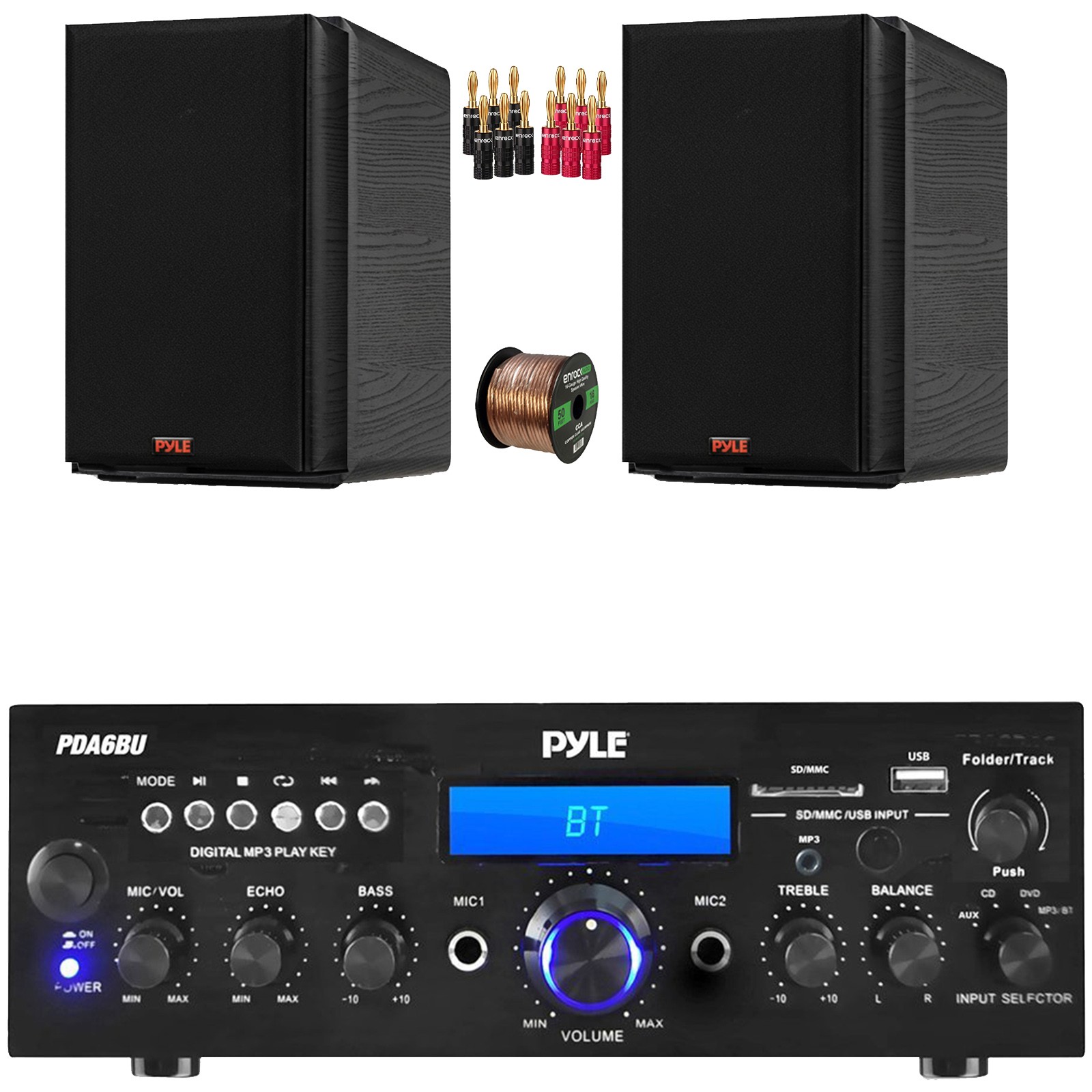 Pyle 200W Bluetooth Stereo Receiver, 2x 5.25” 200W Home Speakers, Banana Plugs