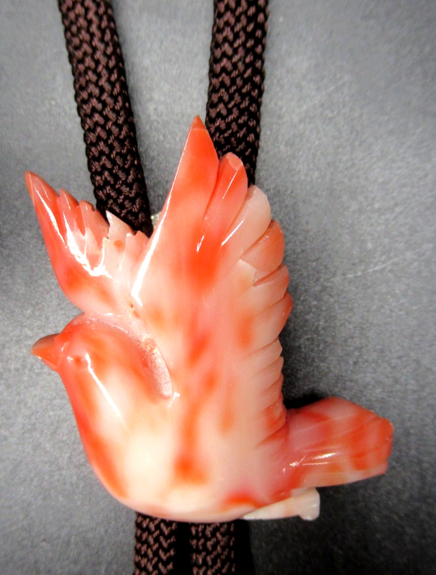 Beautiful Genuine Coral Carved Bird Bolo Tie