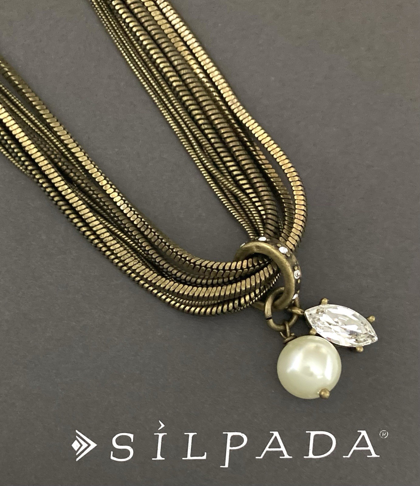 SILPADA~KR Brass DREAMY DETAILS Swarovski Crystal & Faux Pearl Necklace~#KRN0086