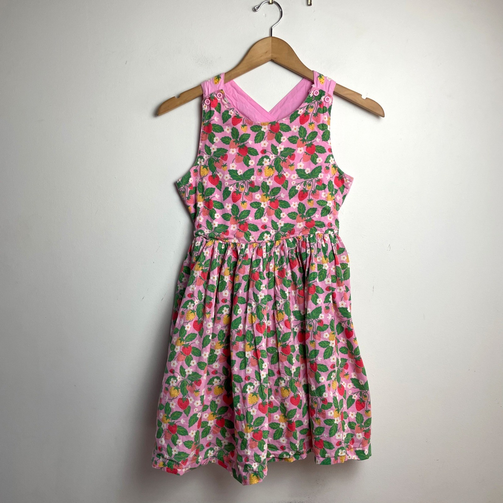 Mini Boden Kids Pink Strawberry Print Cross Back Embroidered Dress Sz 11-12Y