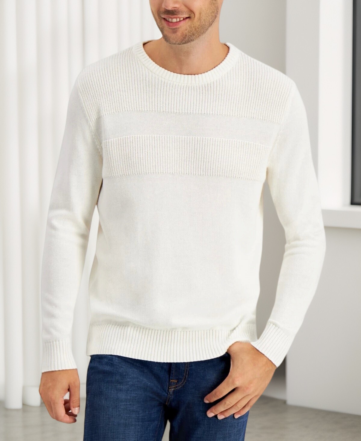 Club Room Mens Textured Cotton Crewneck Sweater Winter Ivory Size M NWT
