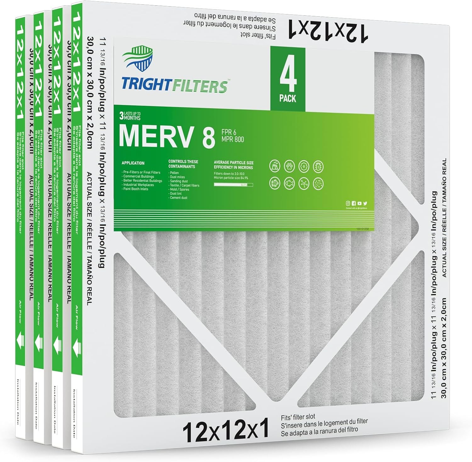 Trightfilters 12x12x1 MERV-8 Air Filter Pleated for Home HVAC AC Furnace - 4pack