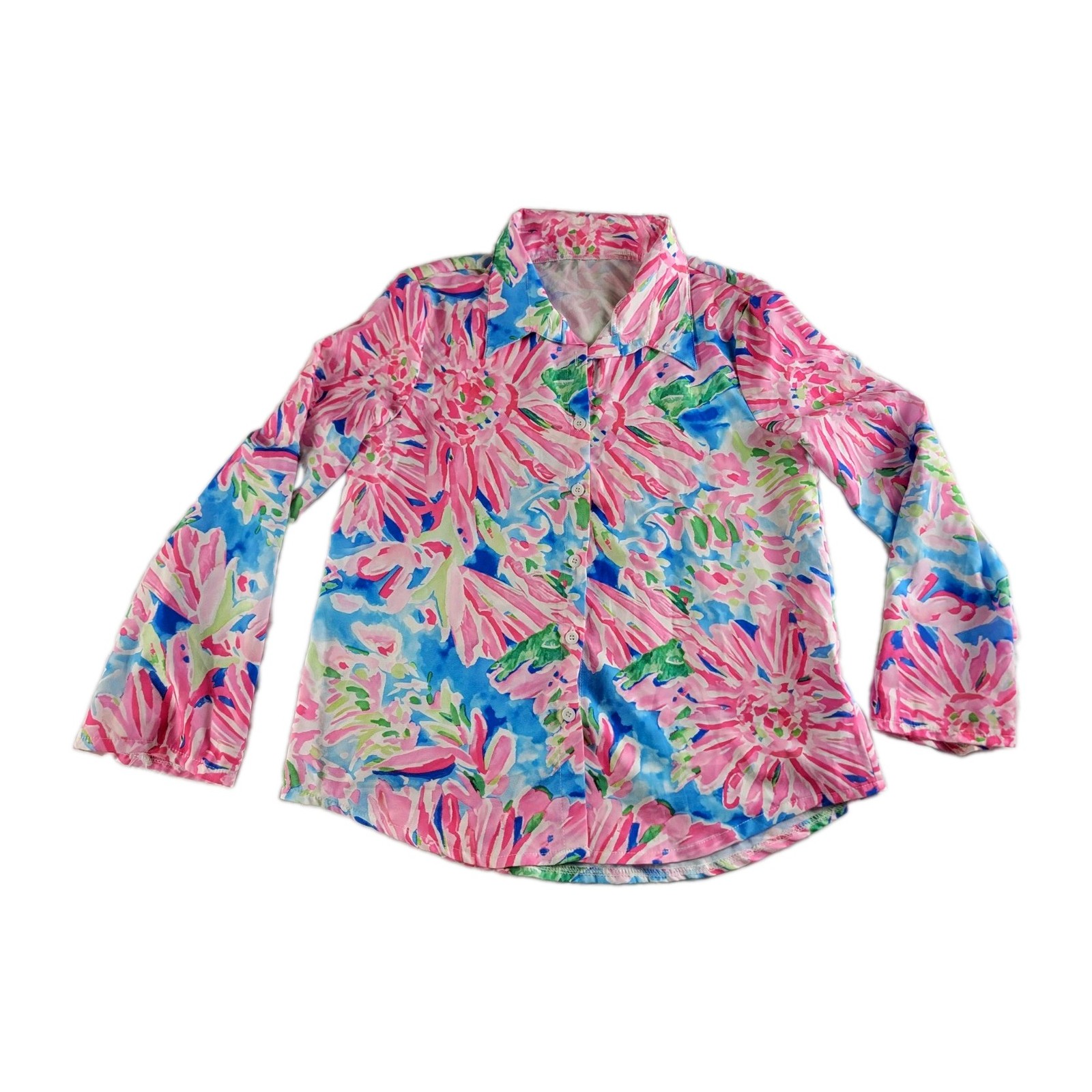 SHEIN Women’s S Floral Print Blouse Pink Blue Green White Collared Button Front
