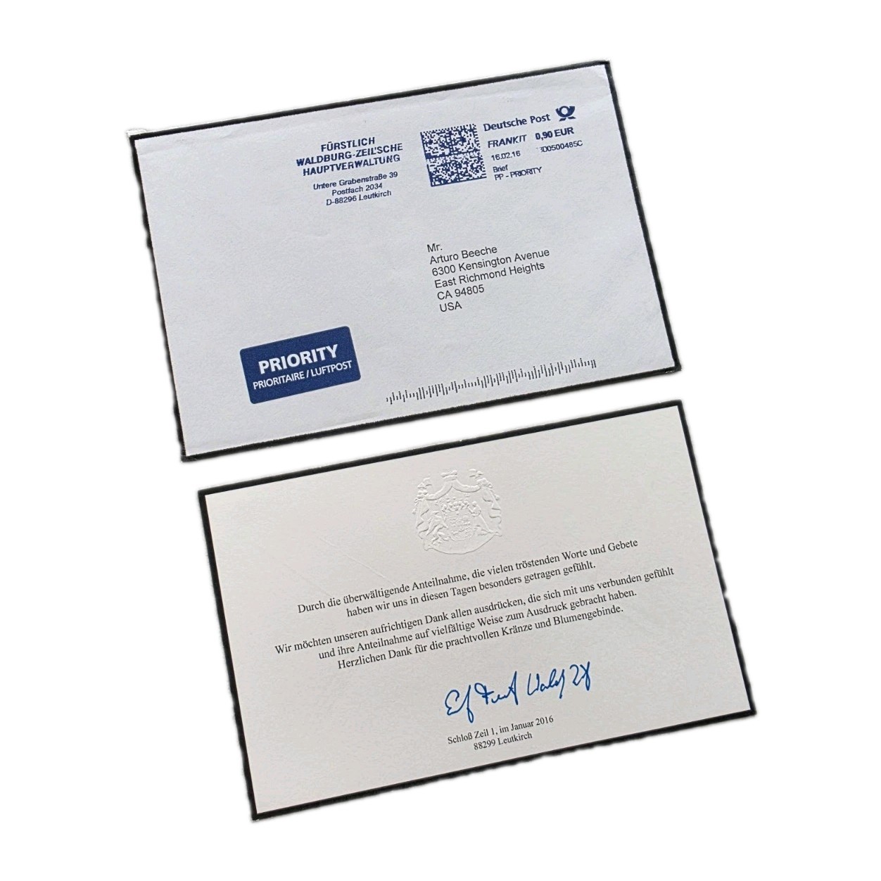 2016 Prince Erich Waldburg-Zeil Signed Noble House Mourning Card Schloss Zeil