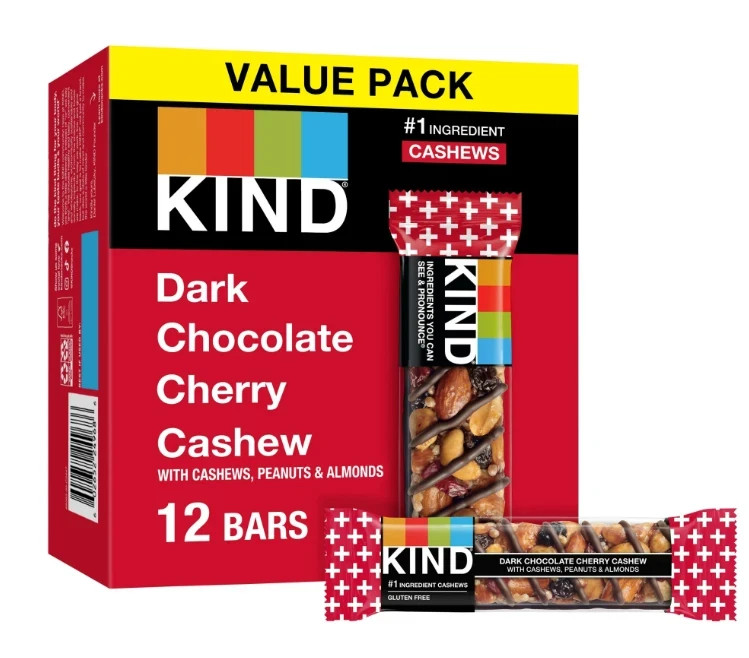 KIND Bars, Dark Chocolate Cherry Cashew, Gluten free, 1.4 oz, 12 Snack Bars