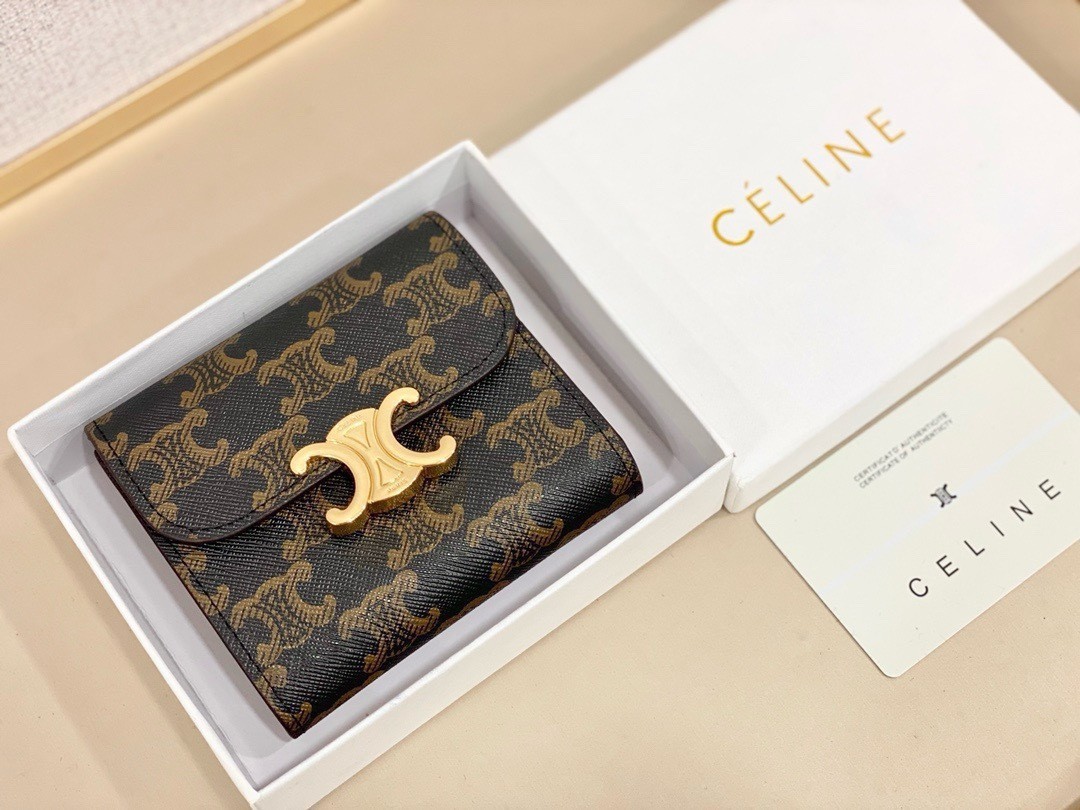Celine Triomphe Small Wallet Black Canvas Leather Gold Real Photos Celine Triomphe Small Wallet Black Canvas Leather Gold Real Photos