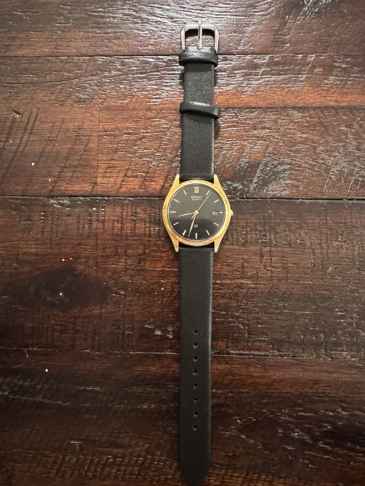 Vintage Seiko SQ 5Y22-8060 Quartz Black Dial Gold Tone Date Men’s Watch Running