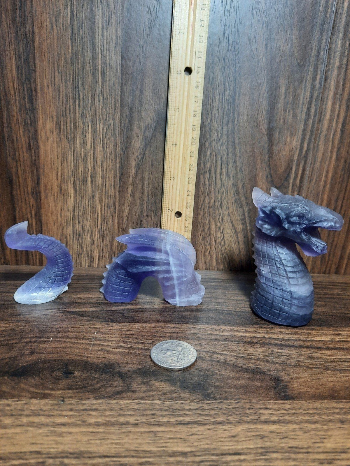 (3 Pcs) carved purple fluorite Water Dragon carving