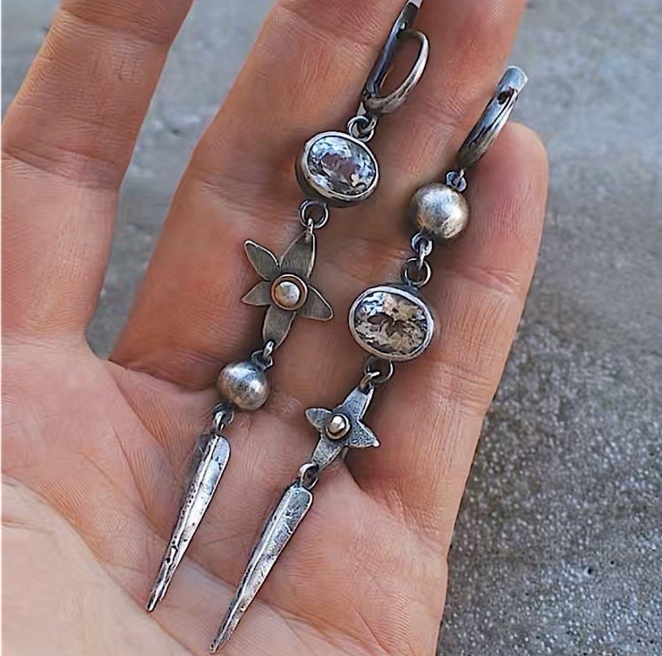 Antique Silver Star Flower Dangle Earrings Geometric Boho Statement Jewelry