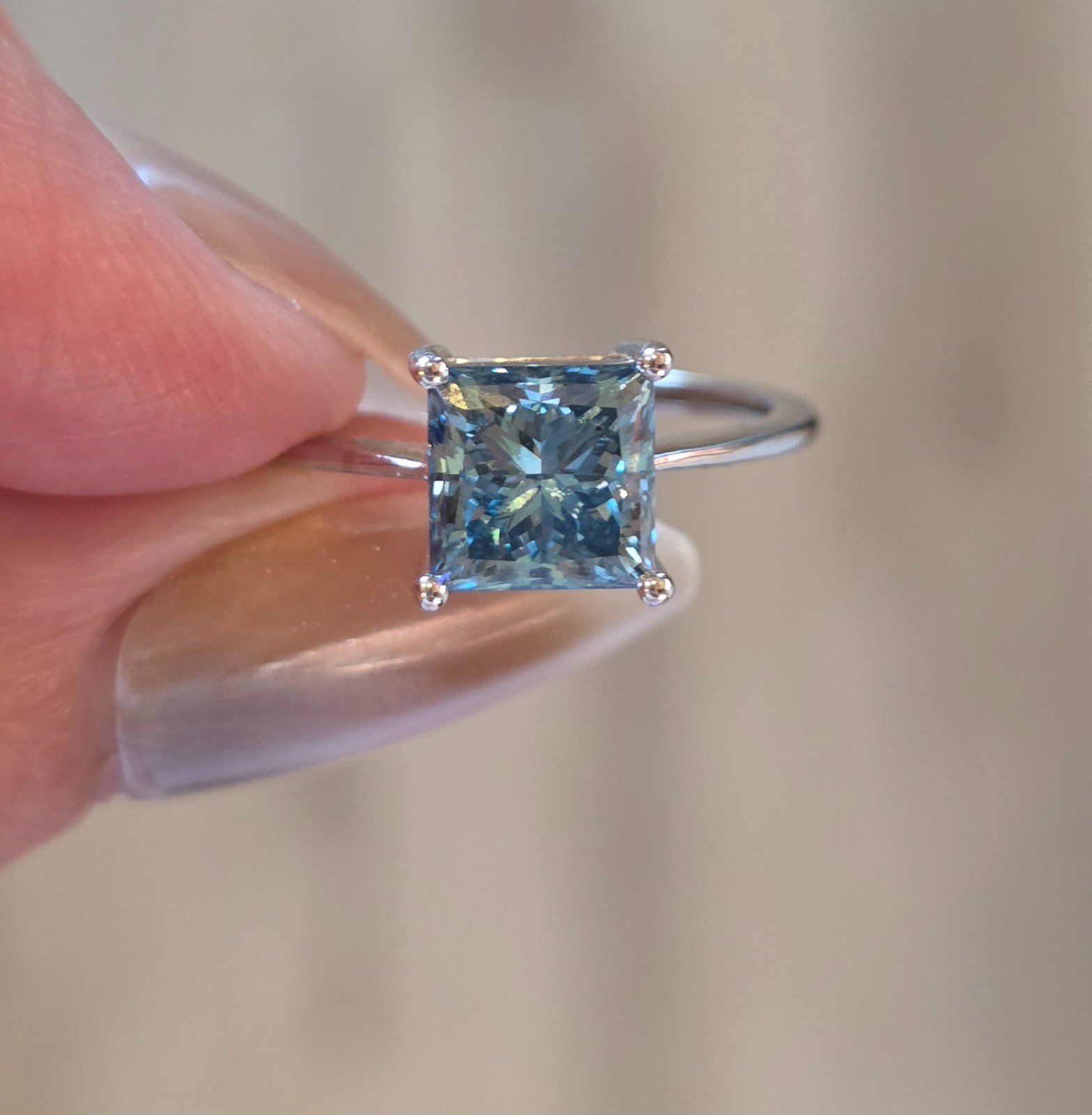 New 2.09 CT Fancy Blue Lab Grown Princess Cut Diamond Ring 14K White Gold