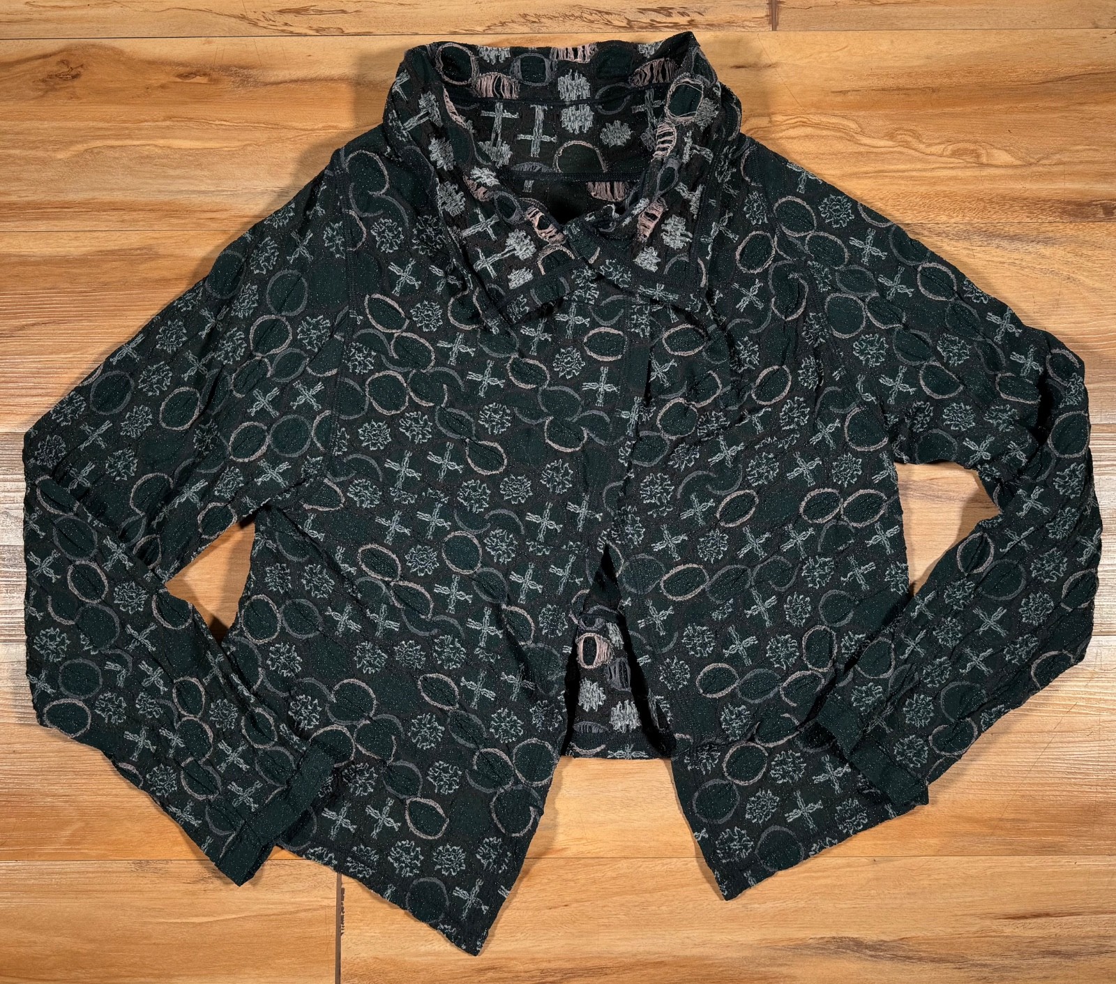 Issey Miyake Heart HaaT Green Metallic Gauze Crinkle Weave Wrap Jacket 1 S M