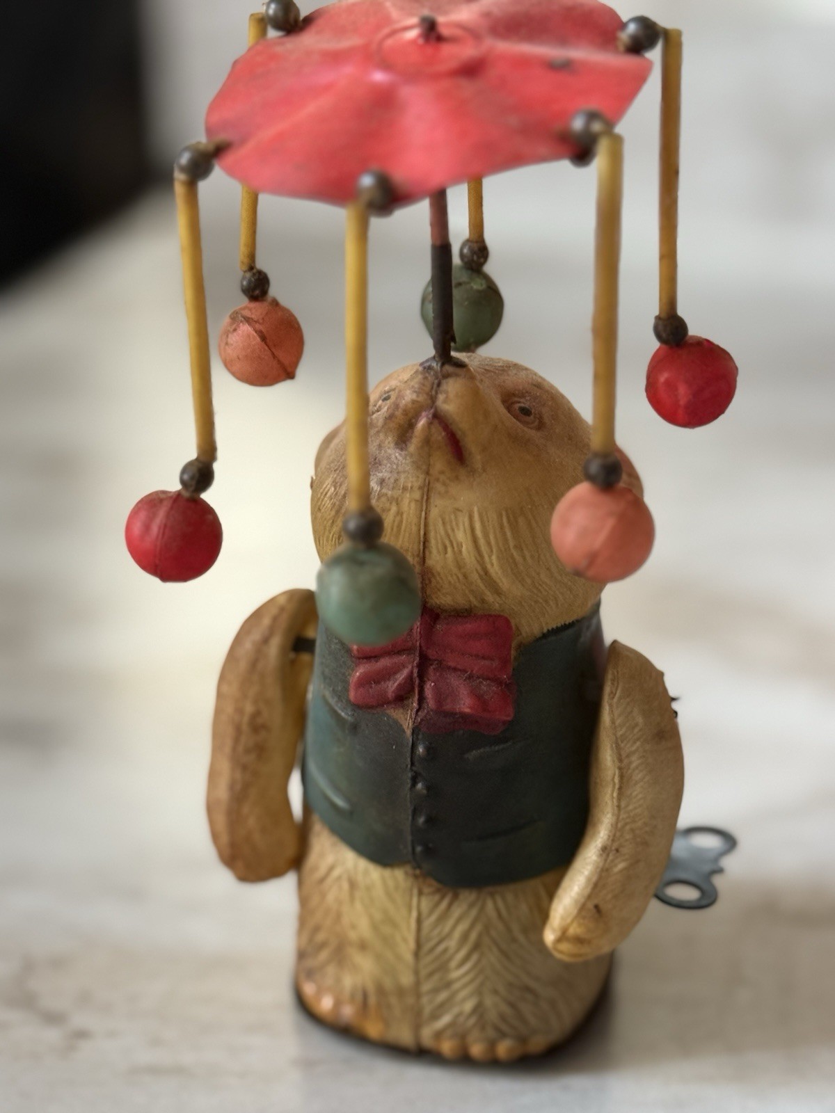 Rare Vintage Celluloid Wind-up Bear Balancing Umbrella Made In Occupied Japan