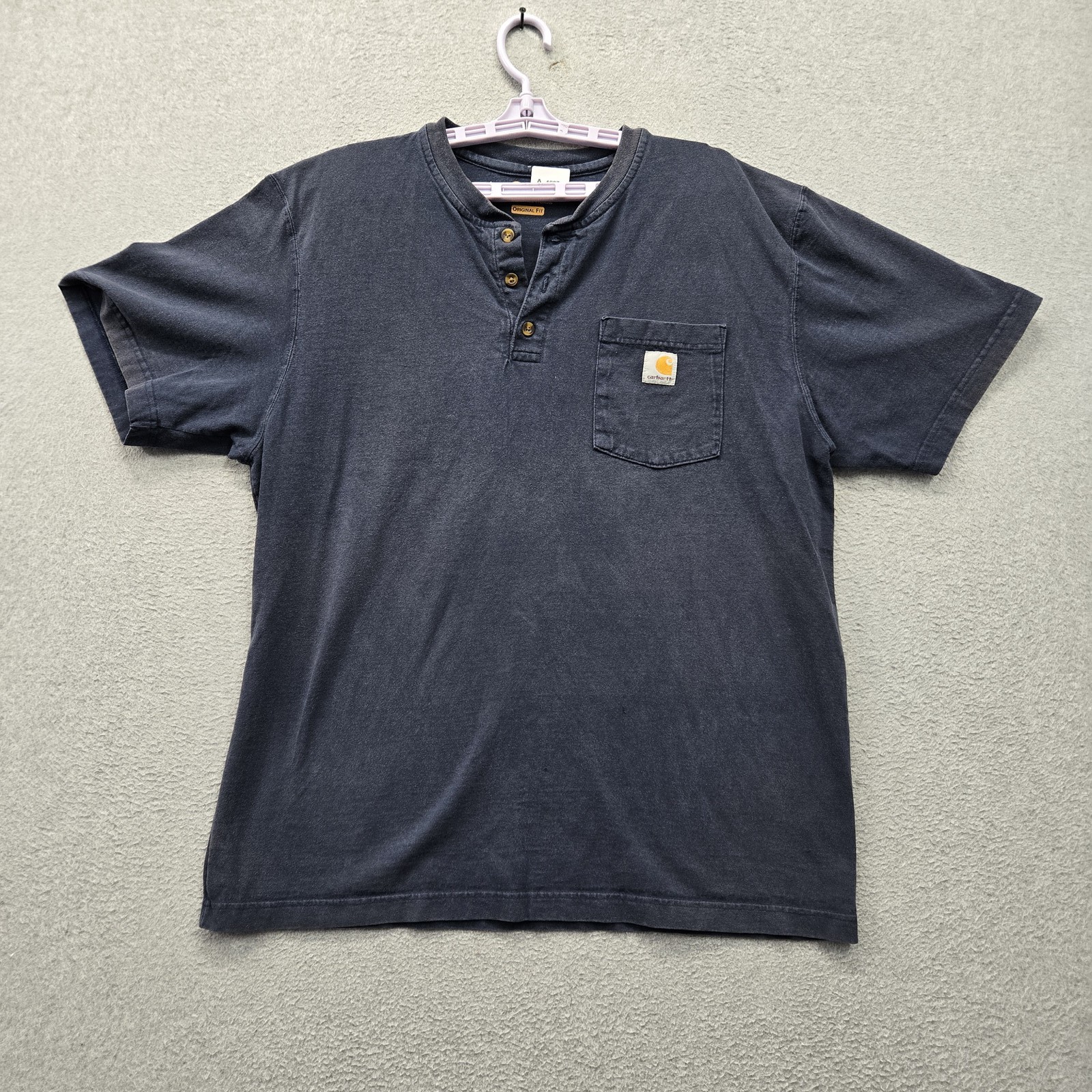 Carhartt Men Shirt L REGULAR Navy Blue K84 Henley Shirt Button Logo Short Sleeve