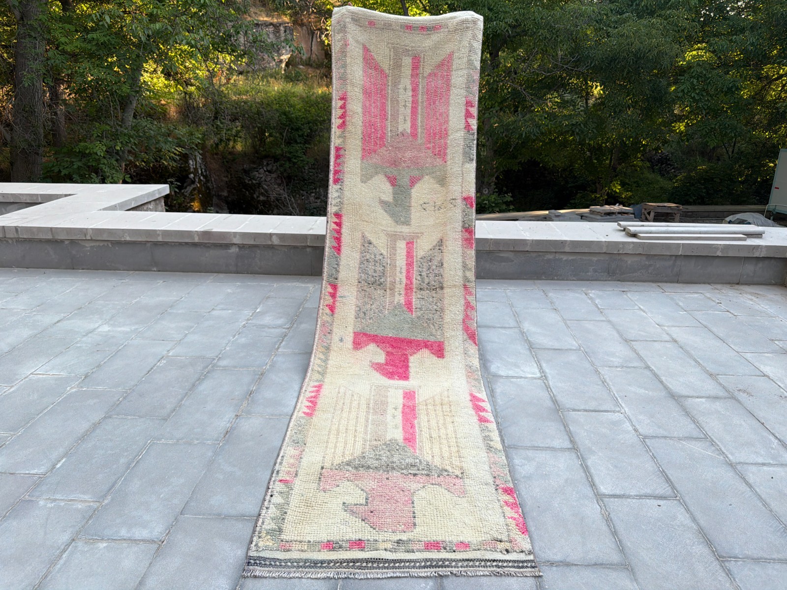 Herki Kurdish Runner Rug 3.1x12.4 ft Pink Ivory Tribal Turkish Vintage Wool