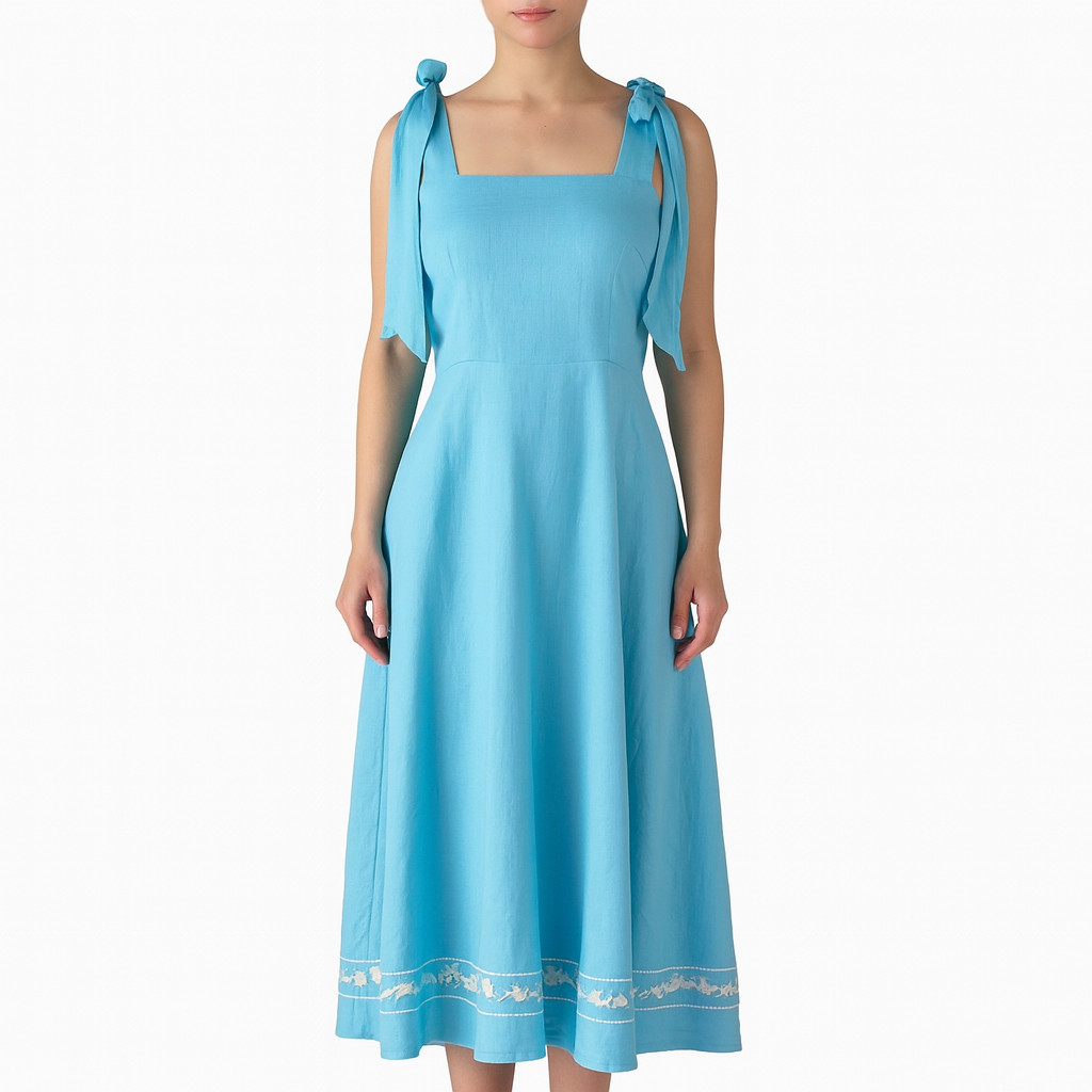 Fanm Mon x Minnow Tie Knot Linen Dress Blue XS Sleeveless Midi Made in Turkey