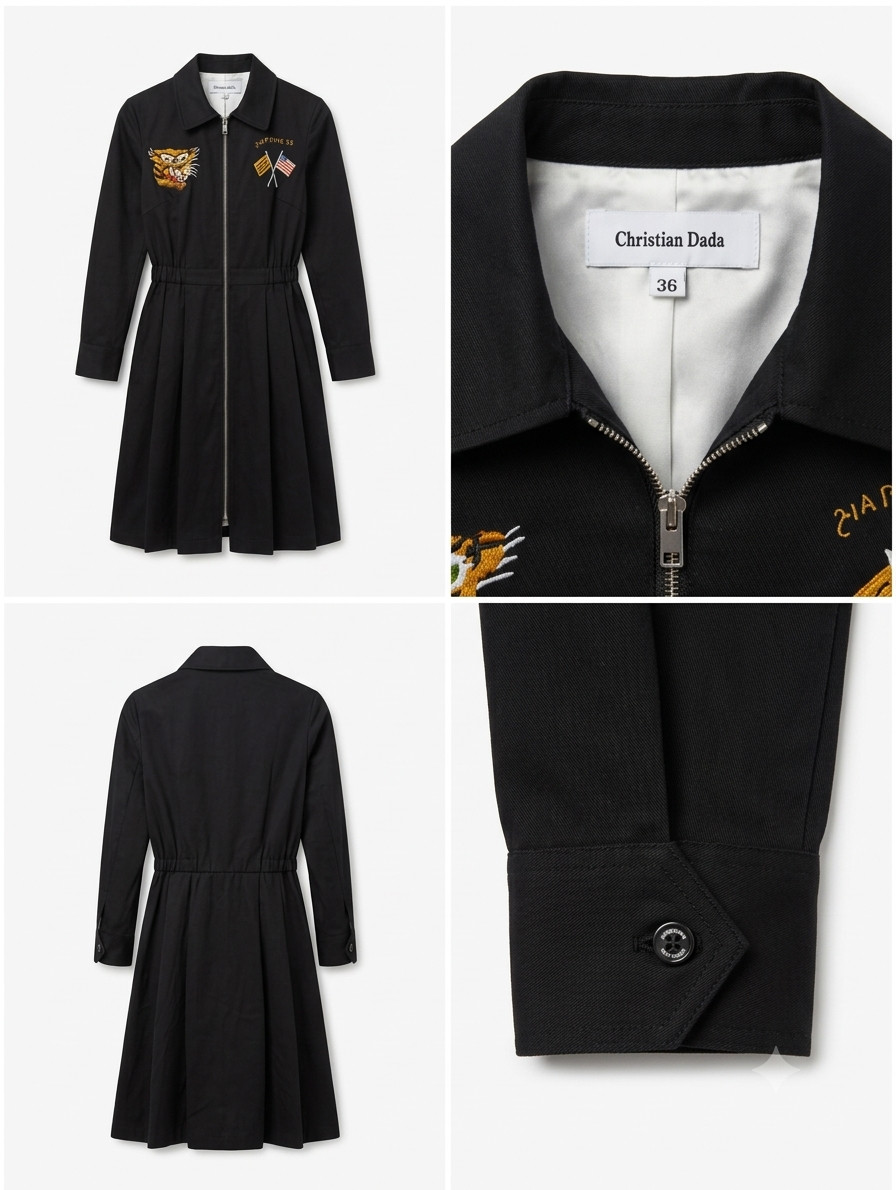 Christian Dada Black Long Dress Tiger Embroidery Cotton Regular Fit S (JP  36)