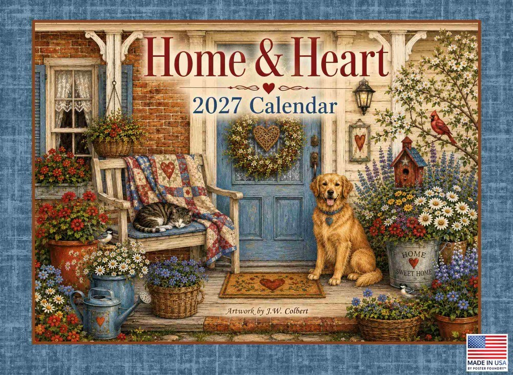 Home And Heart Calendar 2027 Monthly Wall Folk Art USA Made in America