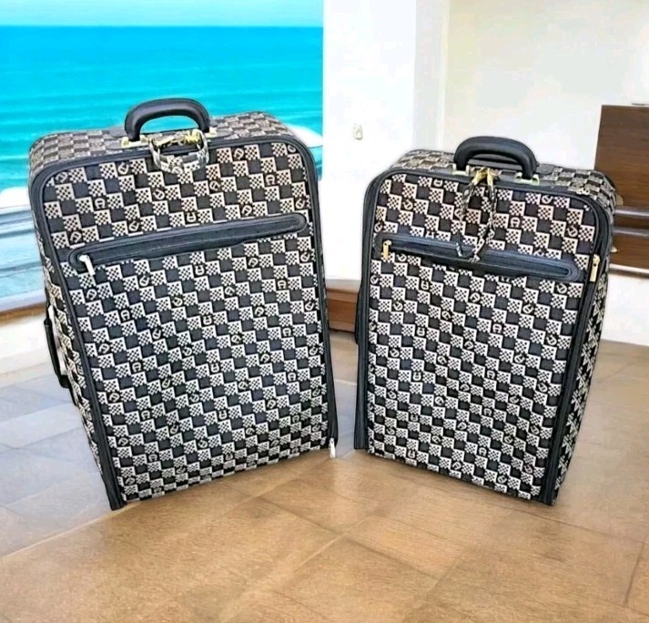 Etienne Aigner Luggage 2 pc Black/Tan Canvas Monogram All Over Print Vintage 