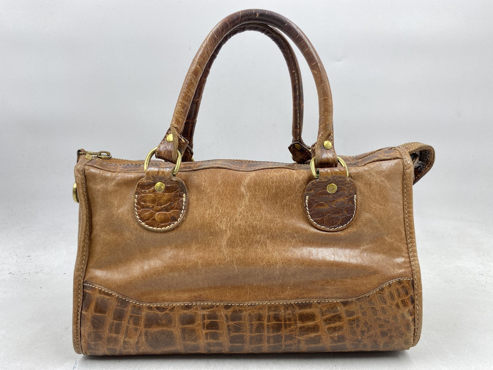 Vintage Brahmin Brown Croc Embossed Leather Satchel Handbag Gold Hardware